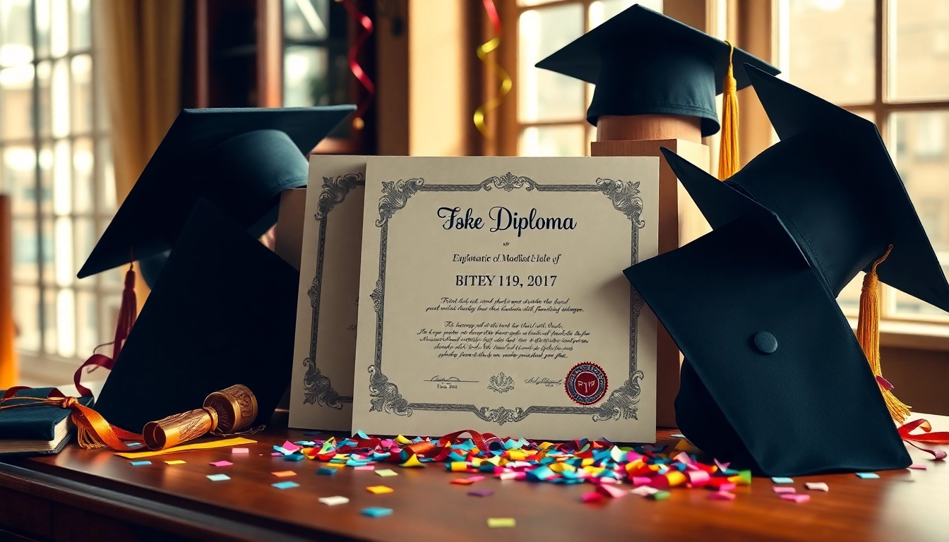 Showcase the best fake diplomas on a desk with graduation caps and confetti, capturing celebration.