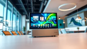 Showcasing an Android digital signage player in a bright modern office setting.
