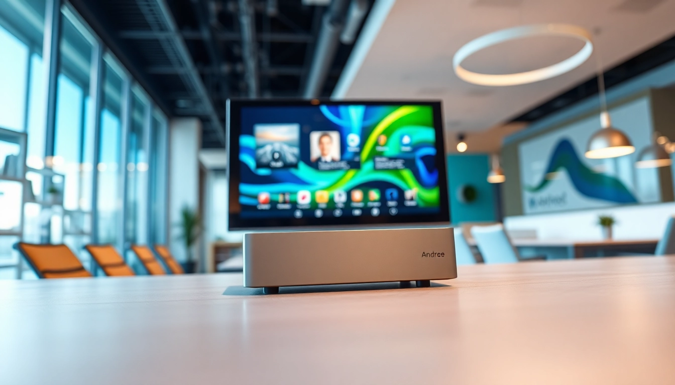 Showcasing an Android digital signage player in a bright modern office setting.
