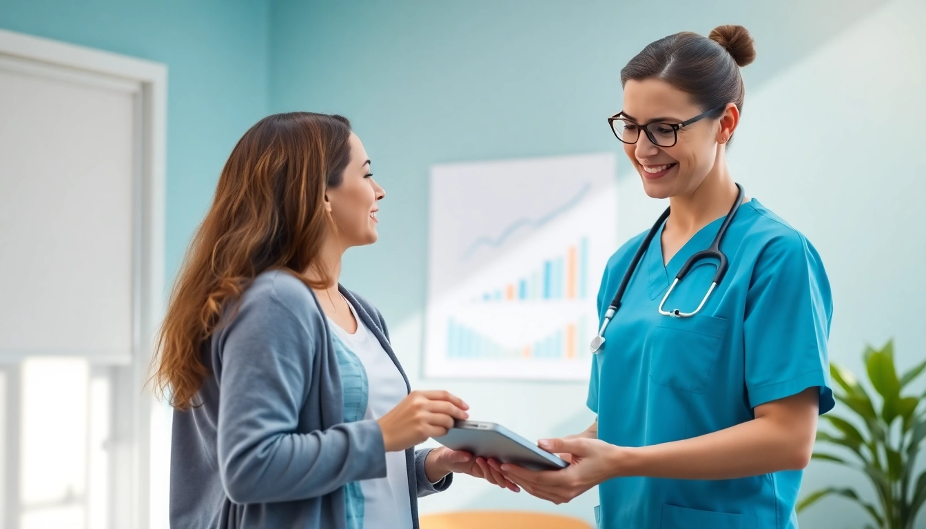 Visualize a Medical Weight Loss consultation featuring a nurse guiding a patient with positive charts.