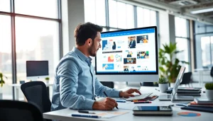 Engaging website design process featuring a professional designer in a modern workspace.