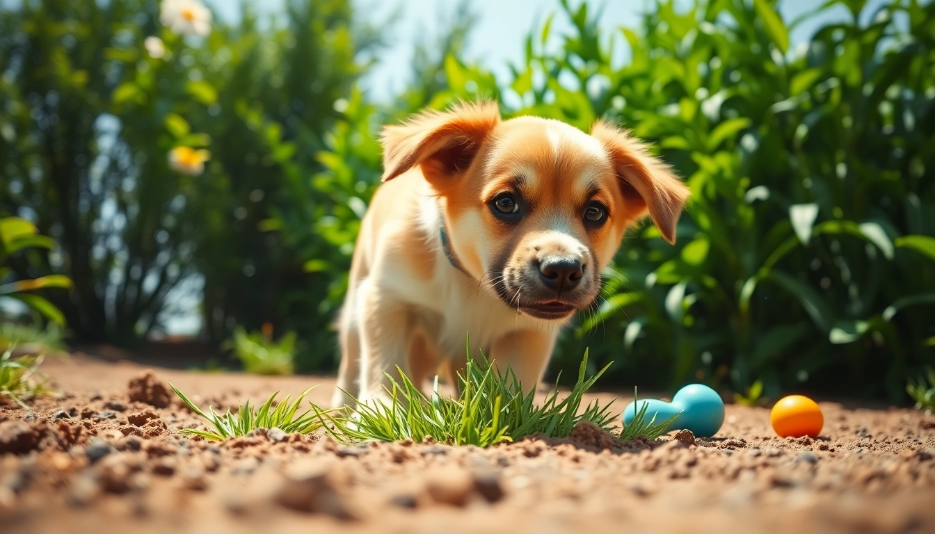 Dog smells like pee while curiously sniffing the grass in a vibrant garden setting.