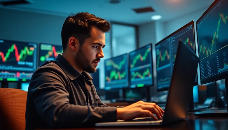 Engaged trader analyzing crypto trading strategies using advanced market charts and screens.