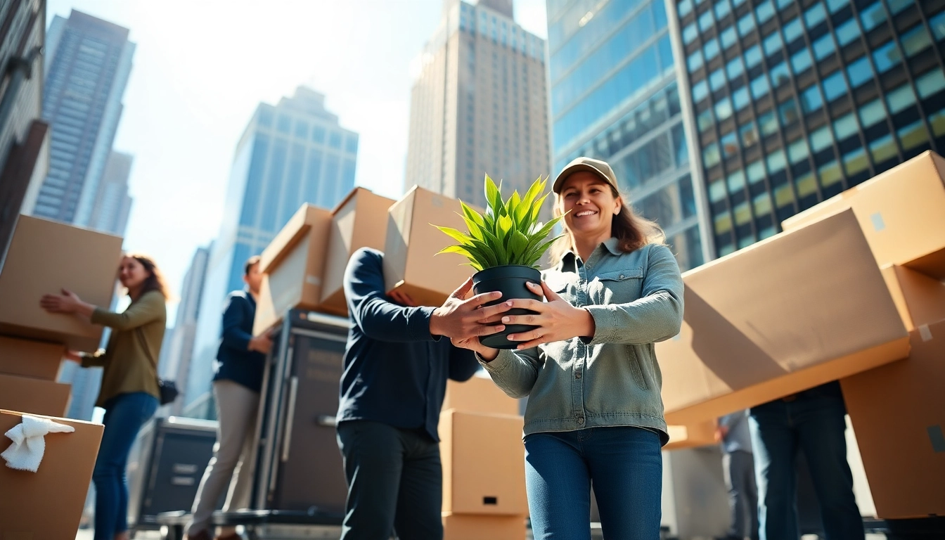 Movers nyc team efficiently relocating boxes in a bright NYC setting