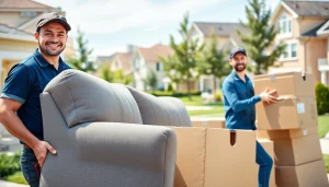 Professional movers calgary efficiently relocating furniture and boxes in a bright urban neighborhood.