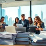 QSM document clearing services team efficiently processing documents in a professional office.