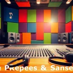 Download Free Presets & Samples with an inviting audio studio setup, showcasing vibrant sound equipment.