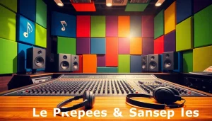 Download Free Presets & Samples with an inviting audio studio setup, showcasing vibrant sound equipment.