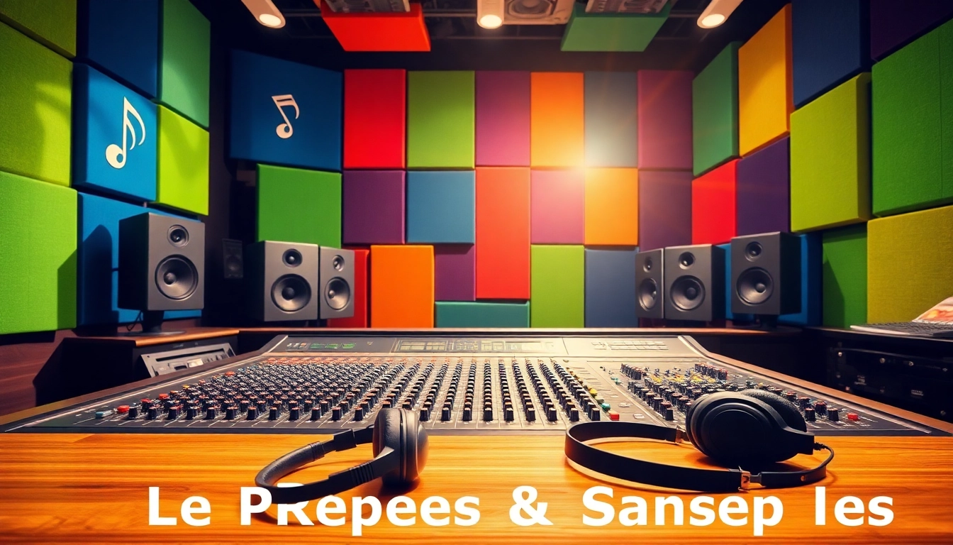 Download Free Presets & Samples with an inviting audio studio setup, showcasing vibrant sound equipment.
