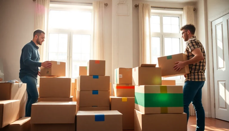 Manhattan moving company team packing boxes professionally in a bright apartment