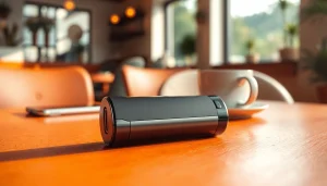Showcasing the HQD Cuvie device with a sleek design and vibrant colors in a relaxed café setting.