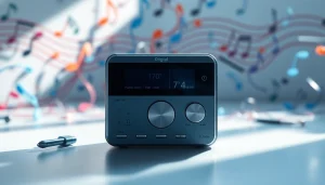 Engaging view of https://hardwareplayer.com showcasing a minimalist digital audio player amidst dynamic music notes.