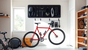 Displaying compact bike storage solution with organized bike rack and accessories for efficient space usage.