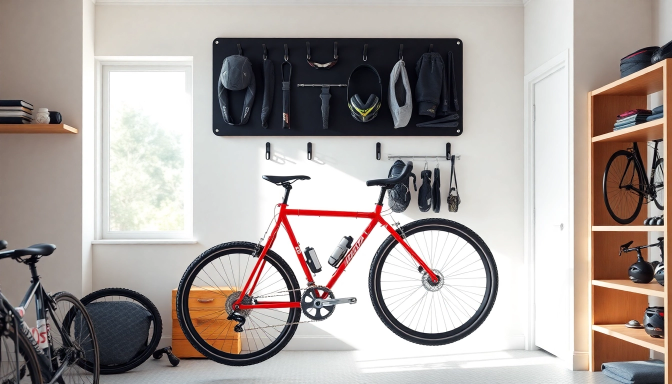 Displaying compact bike storage solution with organized bike rack and accessories for efficient space usage.