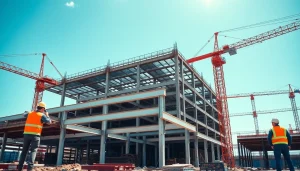 Workers engaged in structural steel construction assembly at a building site.