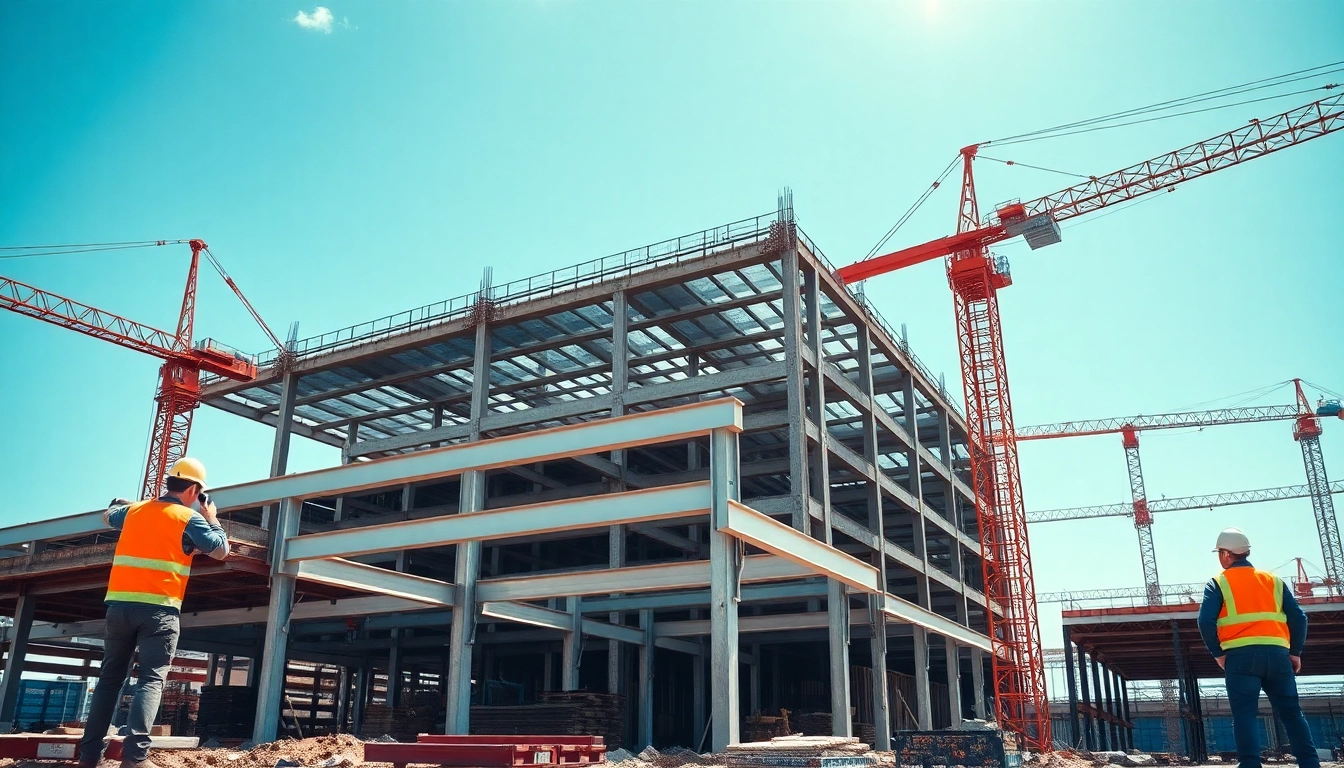 Workers engaged in structural steel construction assembly at a building site.