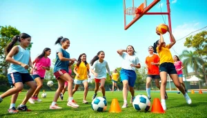 Engaged girls participating in Multi Sports Camps for Girls, showcasing teamwork and energy during sports activities.