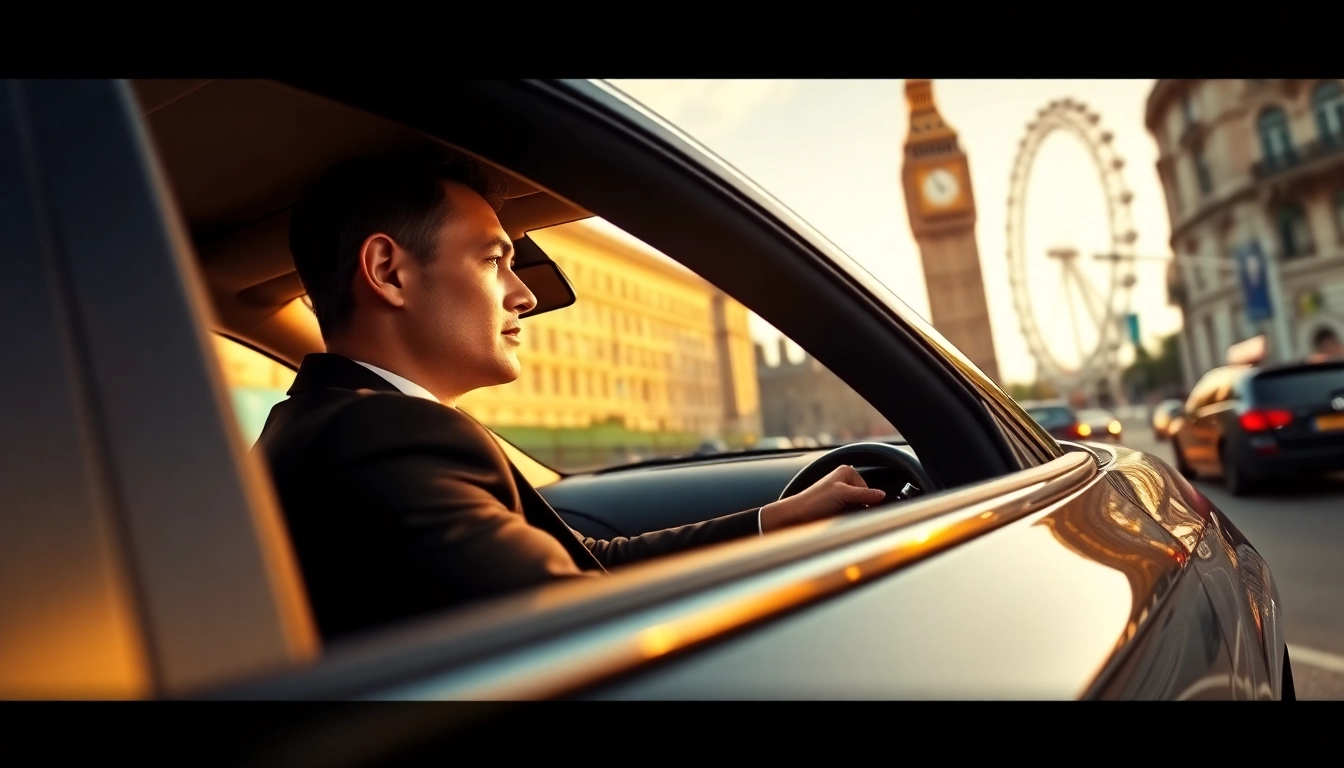 Experience luxury chauffeur service london with a professional driver in a sleek black car against iconic London landmarks.