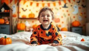 Capture joyful toddler in Halloween pajamas, enjoying festive decorations around them.