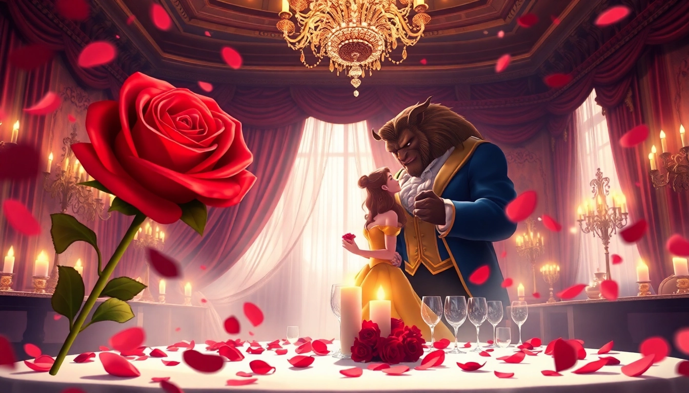Enchanting beauty and the beast valentines scene with Belle and the Beast celebrating romance.