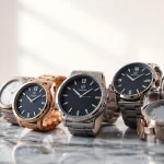 Damen Armbanduhren in stilvollem Design auf Marmoroberfläche präsentiert.