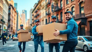 Brooklyn movers efficiently transporting boxes against a vibrant Brooklyn backdrop.