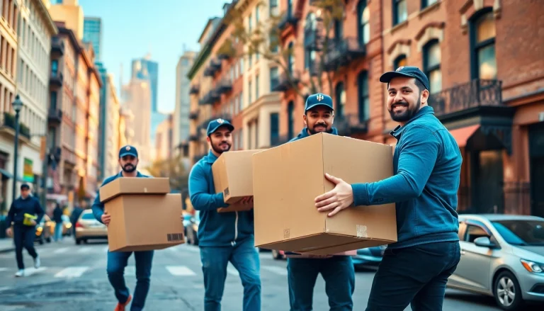 Brooklyn movers efficiently transporting boxes against a vibrant Brooklyn backdrop.