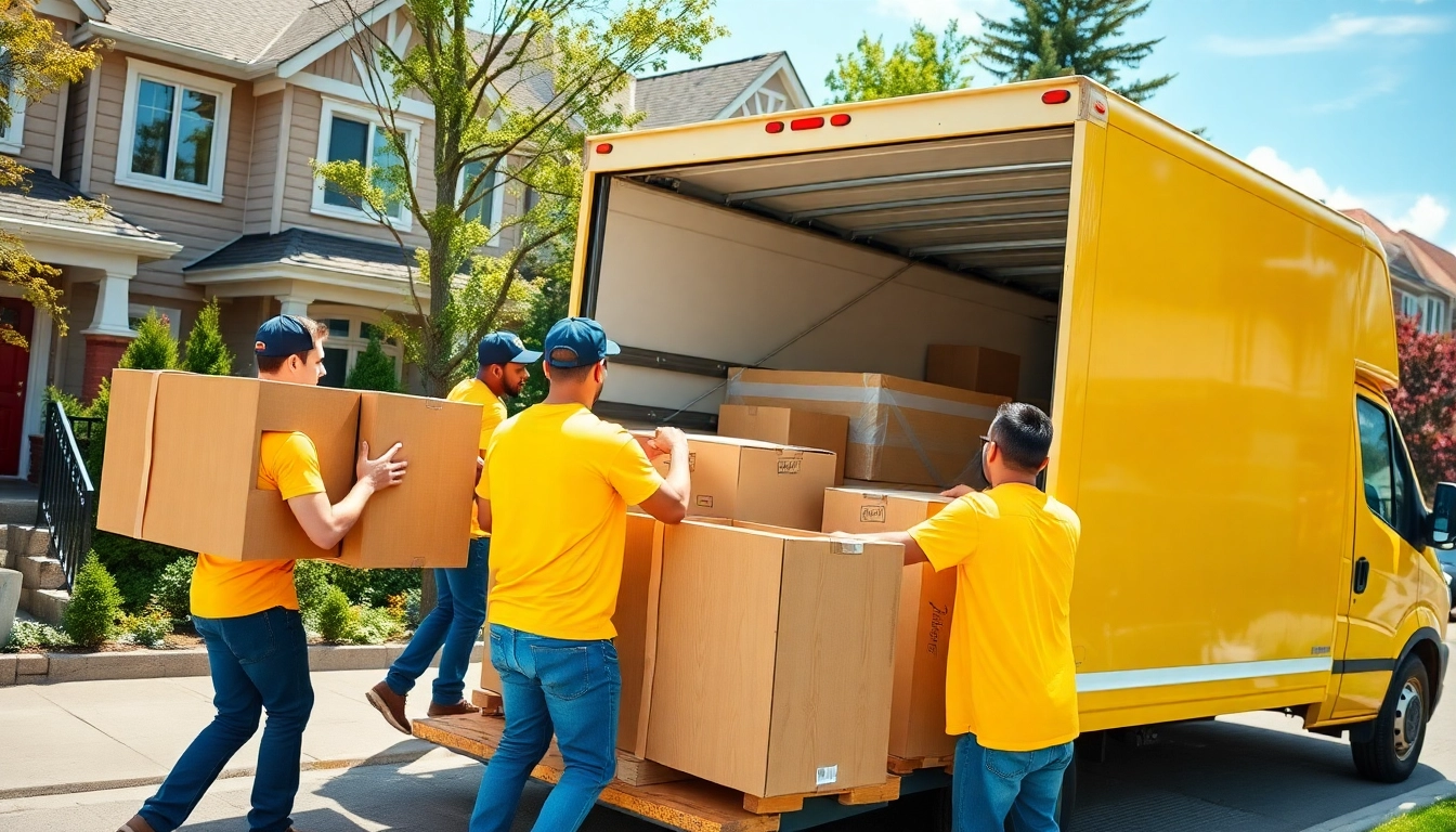 Efficient Toronto moving team loading furniture onto a yellow truck in a neighborhood.
