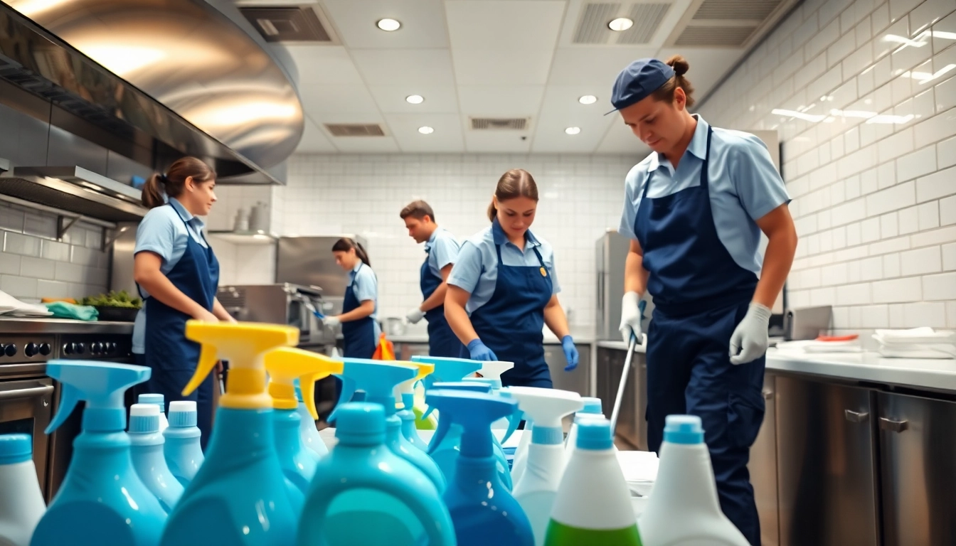 Efficient team executing Restaurant Janitorial Cleaning service in a bright, sparkling kitchen.