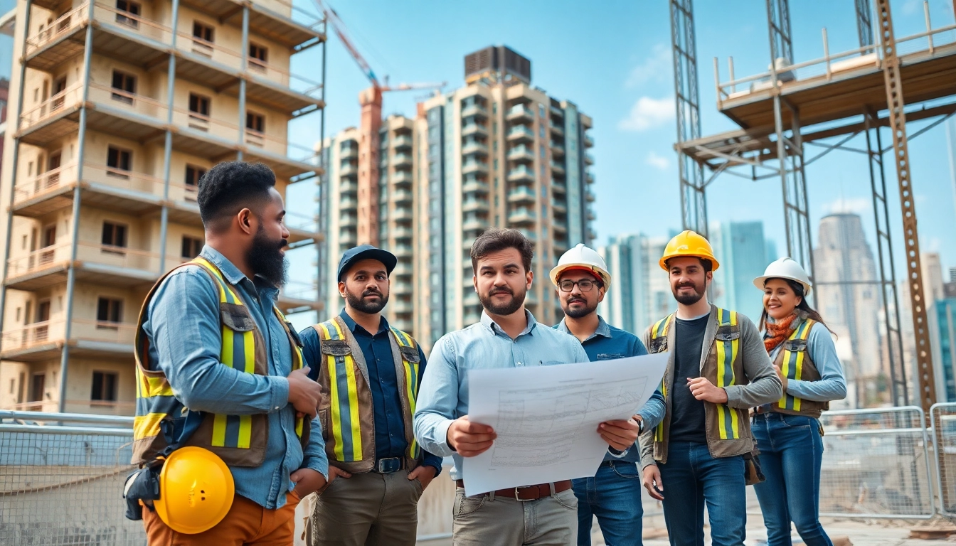 New York General Contractor coordinating a construction project with skilled laborers at a busy site.