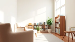 Engage in dealing with depression in a calm therapist's office filled with sunlight and soothing decor.