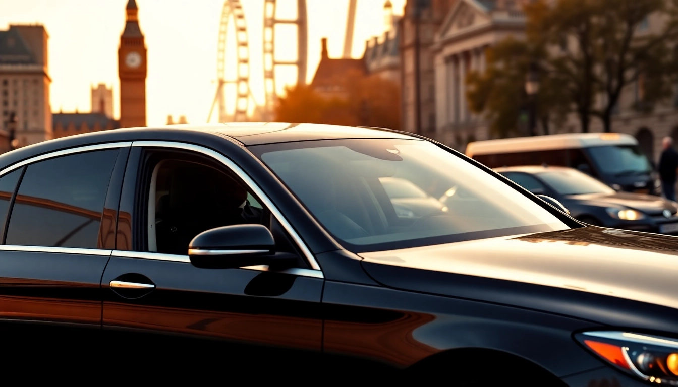Experience luxury chauffeur service london with a professional chauffeur in a sleek black car amidst iconic landmarks.