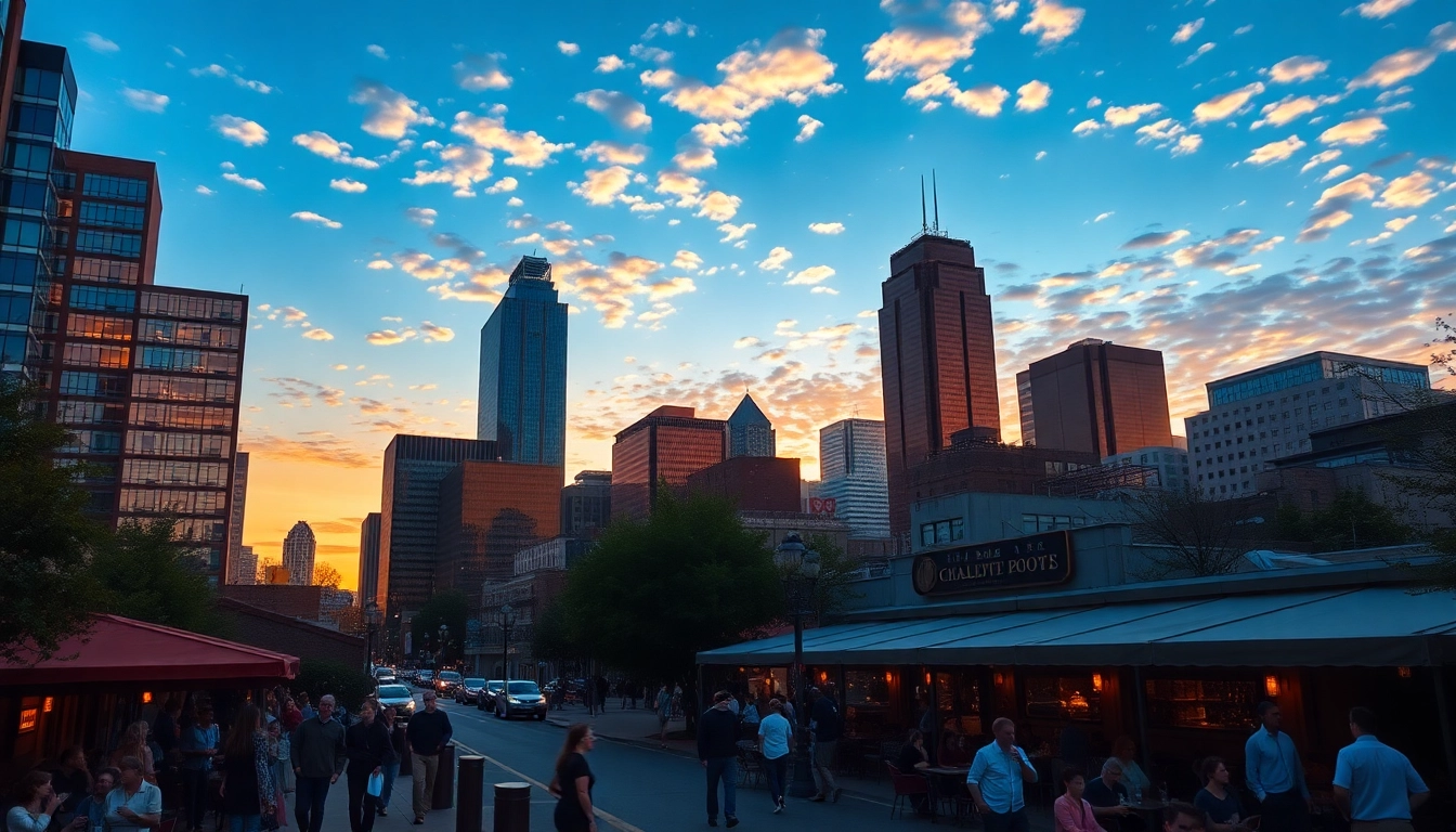 View of the vibrant skyline in Charlotte NC during sunset showcasing dynamic urban life.