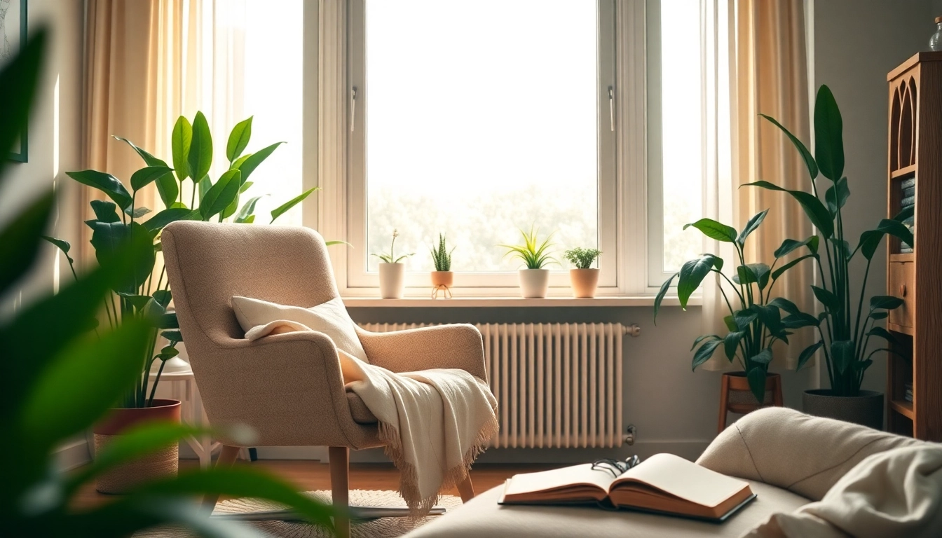 Healing trauma in a serene therapy setting with soft lighting and comforting elements.