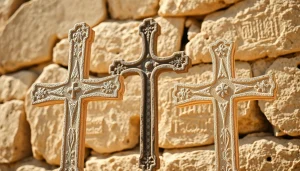 Admire the Jerusalem crosses intricately carved on a stone wall, showcasing its historical significance.