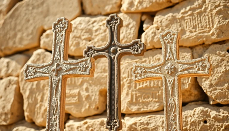 Admire the Jerusalem crosses intricately carved on a stone wall, showcasing its historical significance.