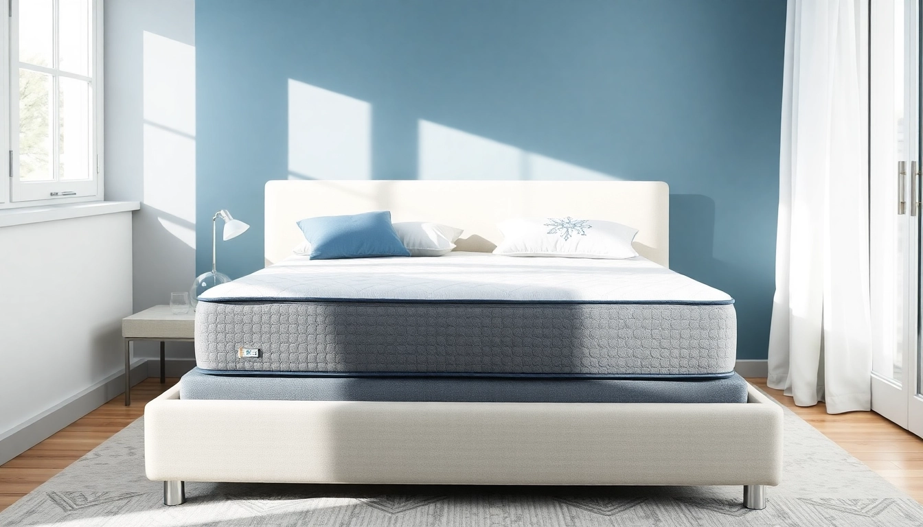 Materassi singoli di alta qualità esposti in una camera da letto luminosa e moderna con tonalità blu.