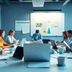 Craft a dynamic advertisement design within a vibrant creative workspace showcasing collaboration.