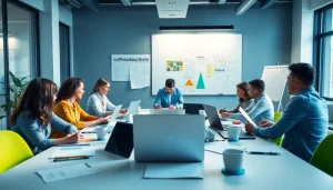 Craft a dynamic advertisement design within a vibrant creative workspace showcasing collaboration.