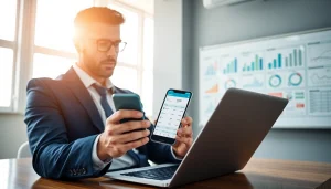 Find competitor pricing analysis on a laptop and smartphone amid pricing strategy charts in a bright office.
