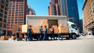 Efficient Manhattan moving company team loading items in a lively urban setting.