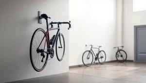 Efficient bicycle wall hanger showcasing a bike elegantly suspended in a modern garage.
