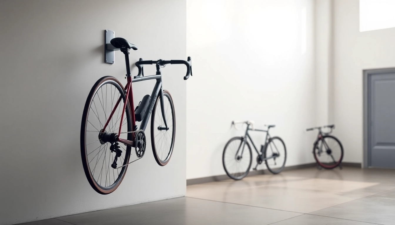 Efficient bicycle wall hanger showcasing a bike elegantly suspended in a modern garage.